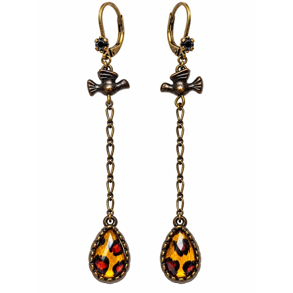 Betsey Johnson Leopard Print Bird Drop Earrings Antique Brass Tone SKUJ144